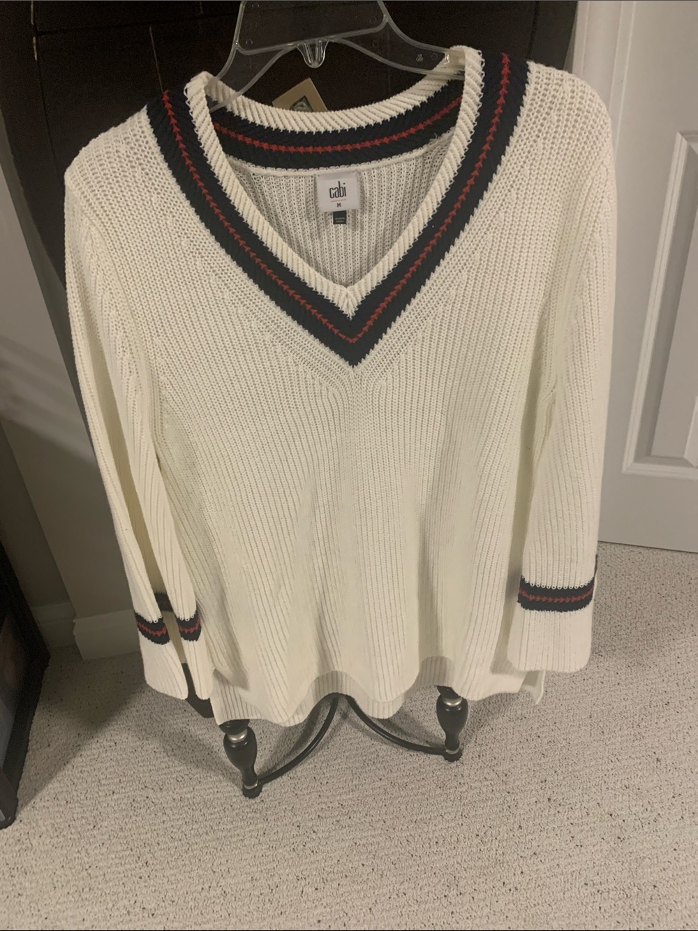 CAbi Cream V-Neck Sweater with Navy & Red Stripe Trim